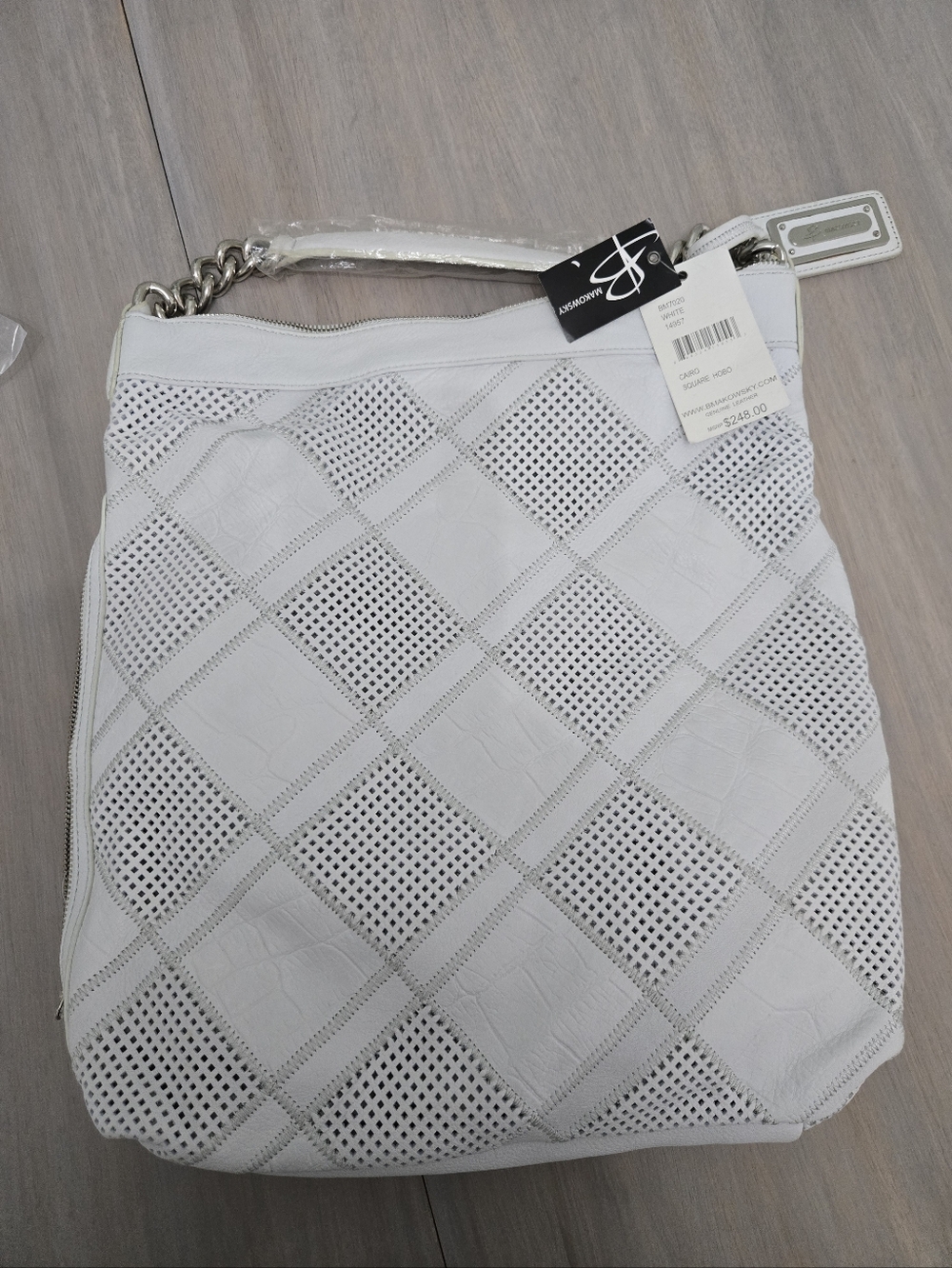 NWT B. Makowsky Cairo Hobo White Perforated Leather Bag Conceal Carry Pocket